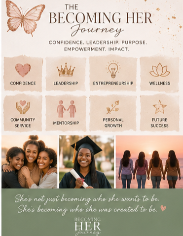Inspirational poster titled "The Becoming Her Journey" with a butterfly graphic, listing themes like confidence, leadership, entrepreneurship, wellness, community service, mentorship, personal growth, and future success. Features smiling women, a graduate in cap and gown, and three women walking together at sunset. Quote reads: "She's not just becoming who she wants to be. She's becoming who she was created to be."
