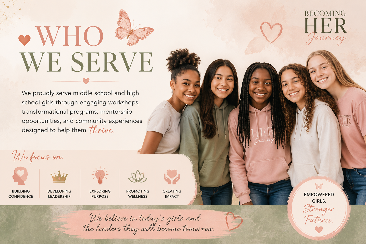 A group of five smiling girls of diverse ethnicities standing together, with a soft pastel-colored background featuring butterflies and hearts. The image promotes a program empowering middle and high school girls.