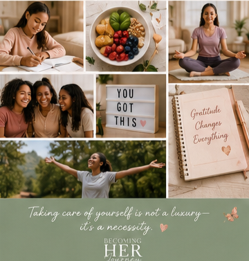 A collage of six images including a woman writing, a colorful bowl of fruit, a woman meditating, three women smiling, a sign that says 'You Got This', a notebook with 'Gratitude Changes Everything', and a woman outdoors with arms outstretched, with a quote about self-care and becoming her.