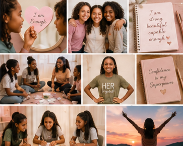 A collage of nine images featuring diverse women and girls. The images include close-ups of inspirational handwritten notes, girls smiling together, a woman with her arm raised at sunset, and a group of girls sitting together, possibly in a workshop or discussion.