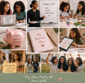 Group of young girls engaged in various activities including discussing a business plan, working on creative projects, and posing outdoors, with motivational signs and a piggy bank.