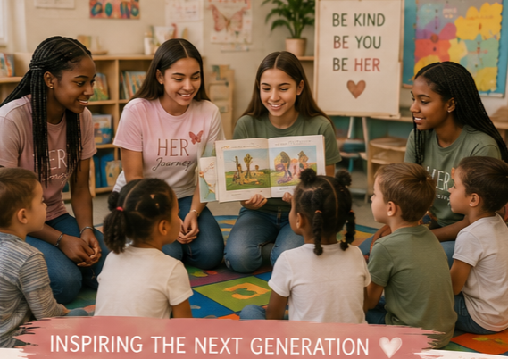 Four adult women reading a children's book to a group of young children in a classroom, with educational posters and bookshelves in the background.