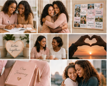 Two women smiling and embracing each other, various inspirational quotes and signs about friendship and togetherness, a sunset with hands forming a heart, and a journal with a pink cover and gold lettering.
