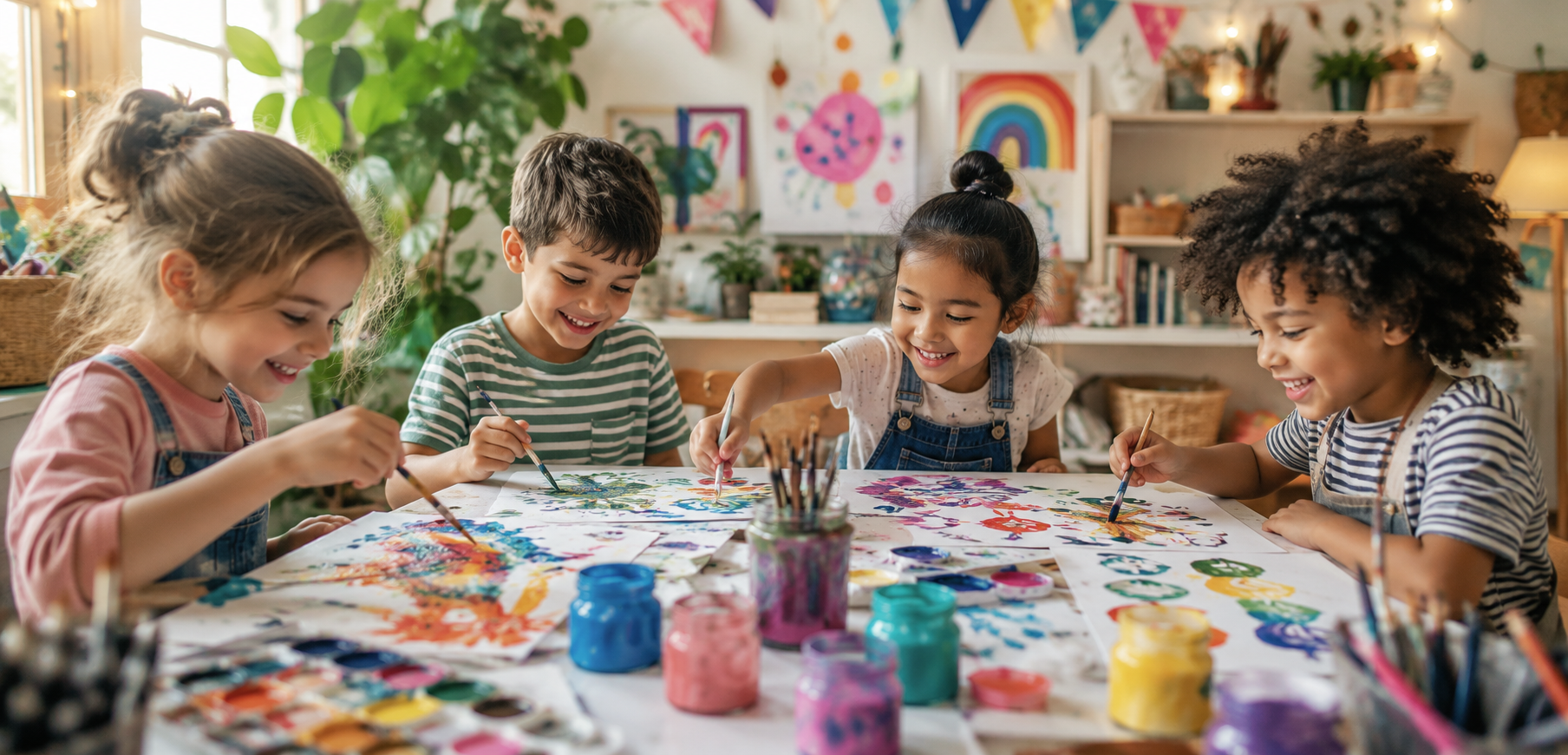 Four smiling children sit around a cosy table, holding paintbrushes and making colourful abstract artworks.