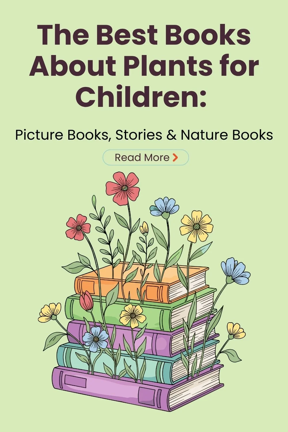 A stack of colourful books with flowers growing between the pages.