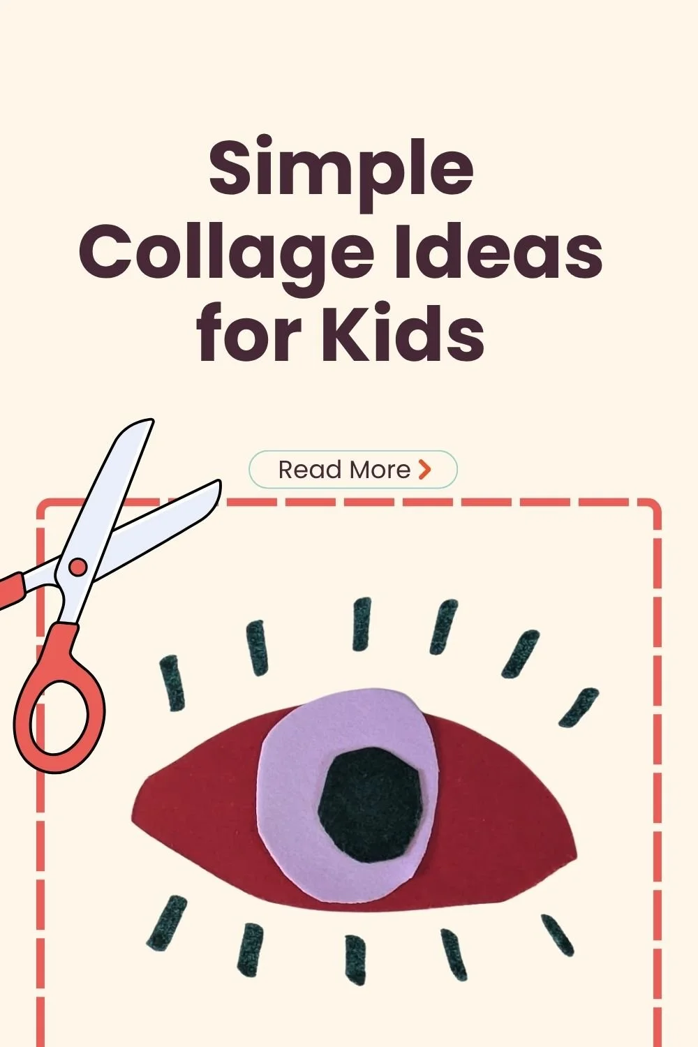 Simple collage ideas for kids, with scissors and eye made out of three cut out circular shapes layered on top of each other.