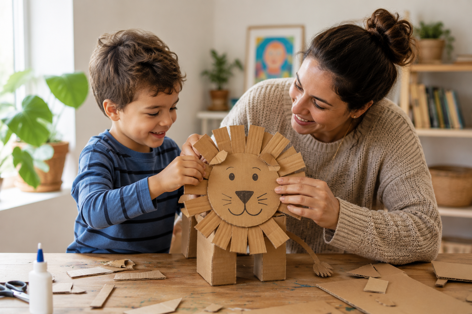 A young boy and mother work on a cardboard craft of a lion