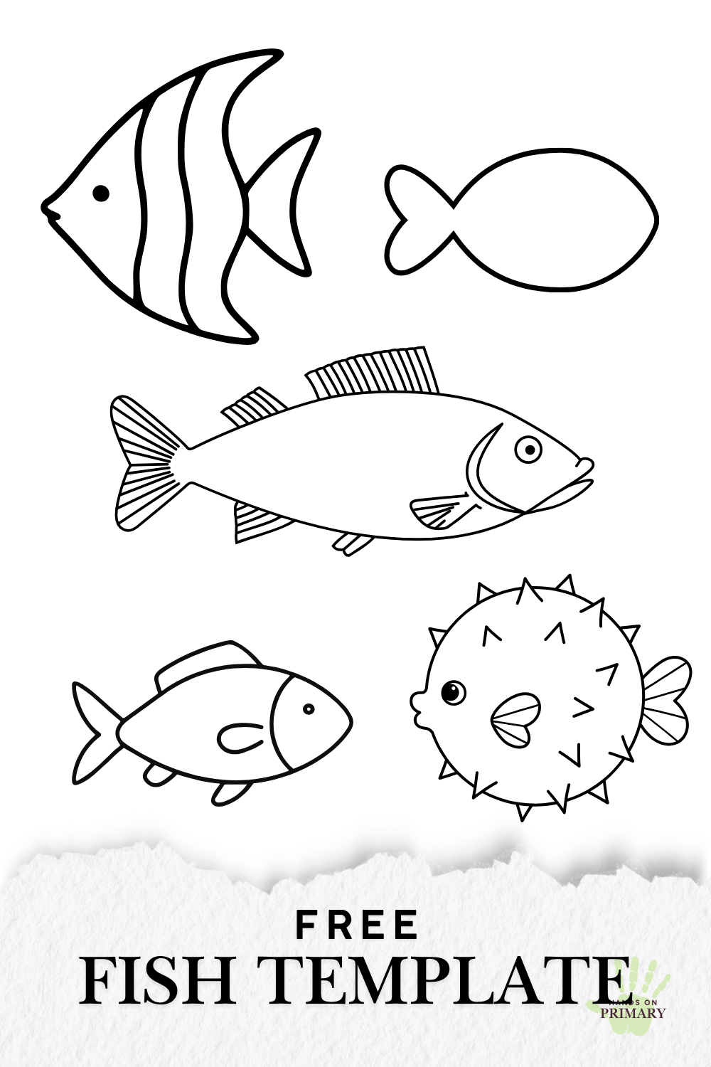  Free printable fish template with five different black-and-white fish outlines for children's crafts. 