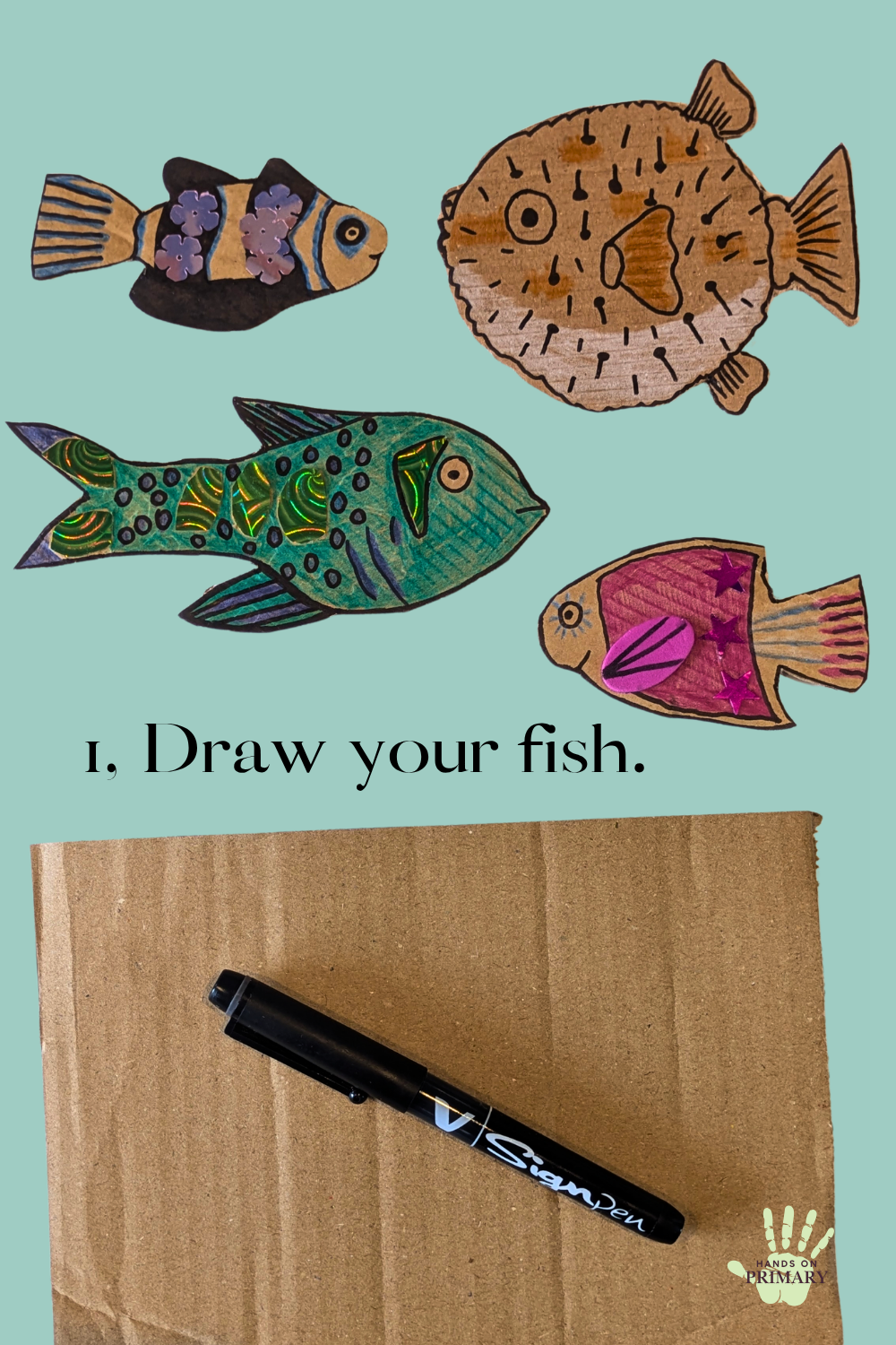  Step one of a cardboard fish craft: drawing different fish shapes onto recycled cardboard. 