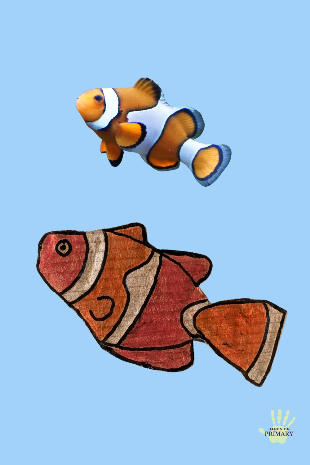  Handmade cardboard clownfish beside a photograph of a real clownfish, showing an easy fish art idea for kids. 