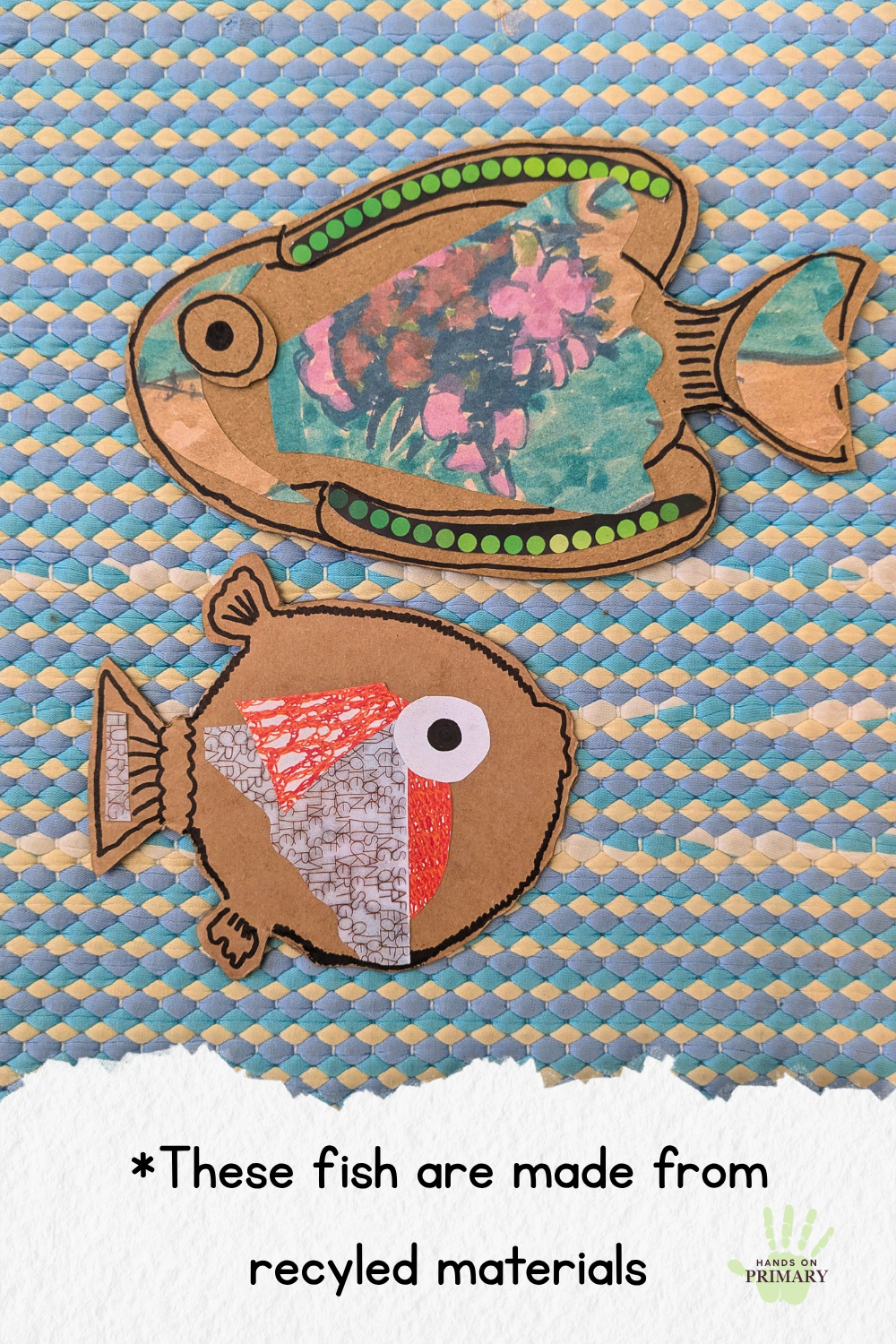  Two colourful recycled cardboard fish decorated with collage, drawing and mixed craft materials. 