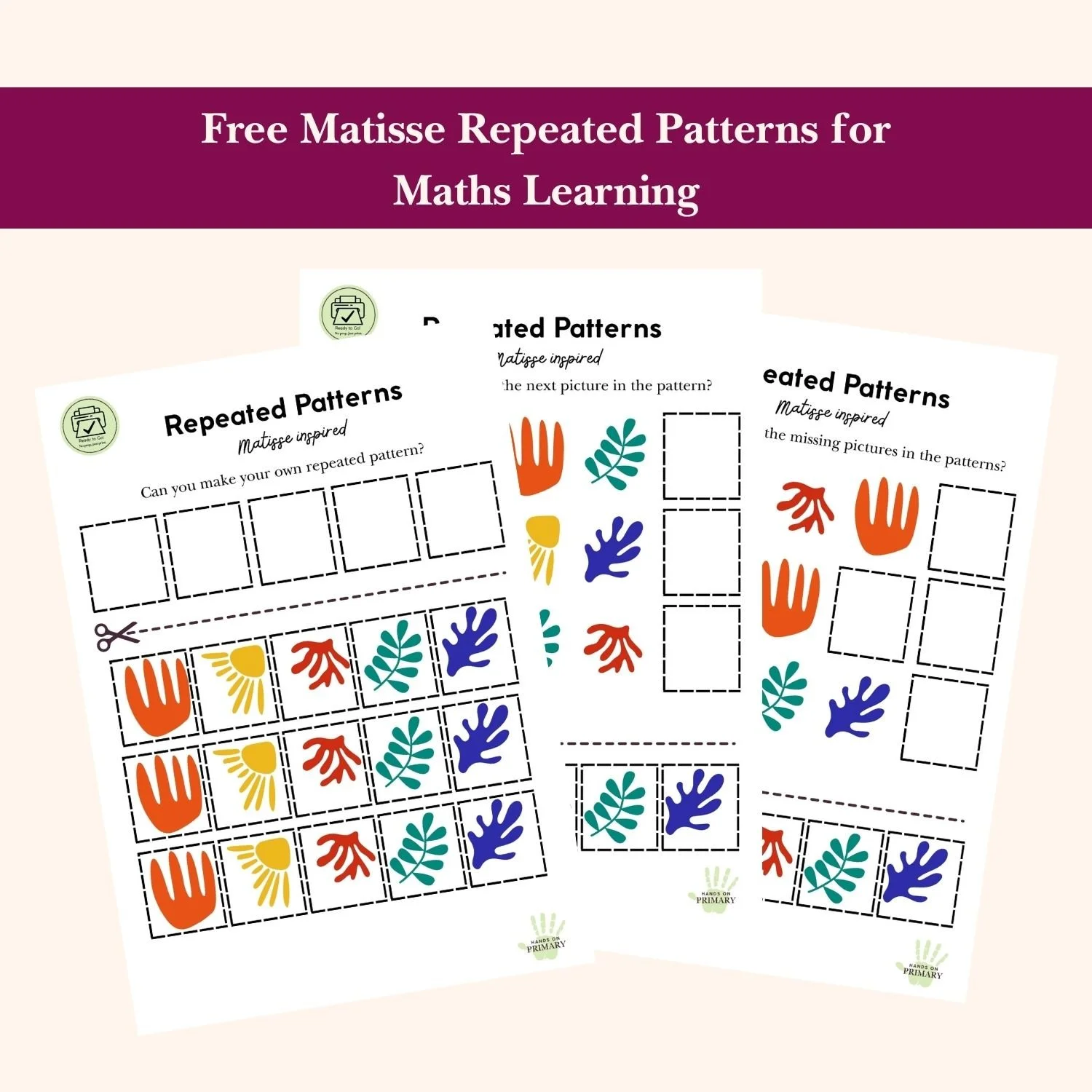 Free worksheets for a maths activity where children can cut images based on Henri Matisse's work into repeated patterns.