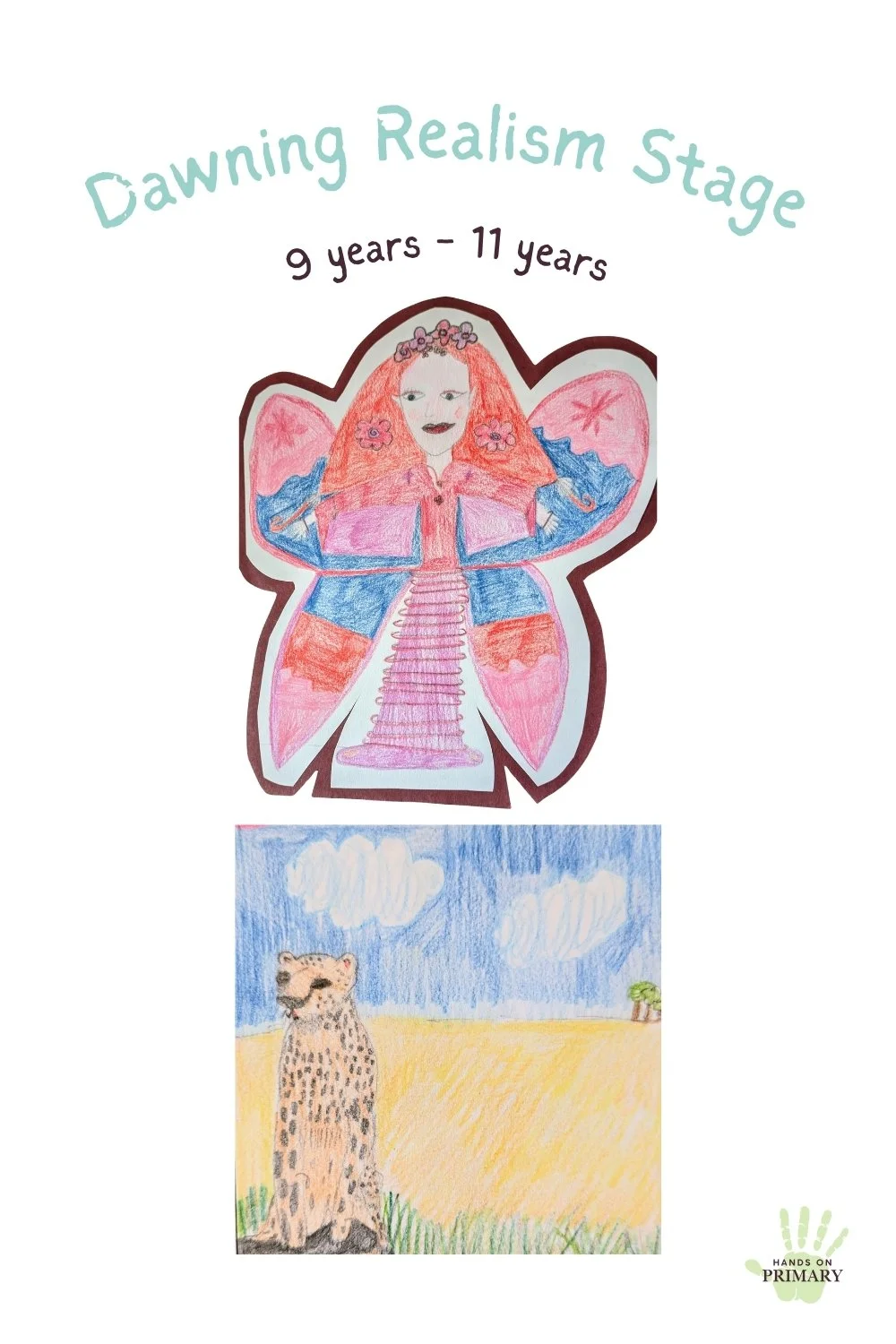 Two coloured pencil drawings. One of a detailed fairy with overlapping elements and the other of large leopard in the foreground with smaller trees in the background | Hands on Primary