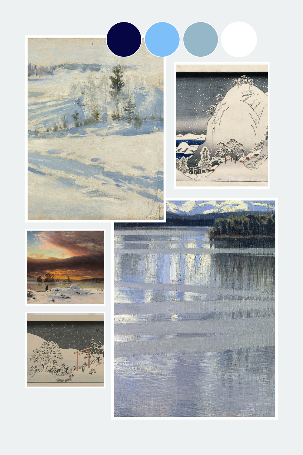 Collage of winter landscape artworks in white, pale blue, grey and navy, accompanied by four cool-colour circles