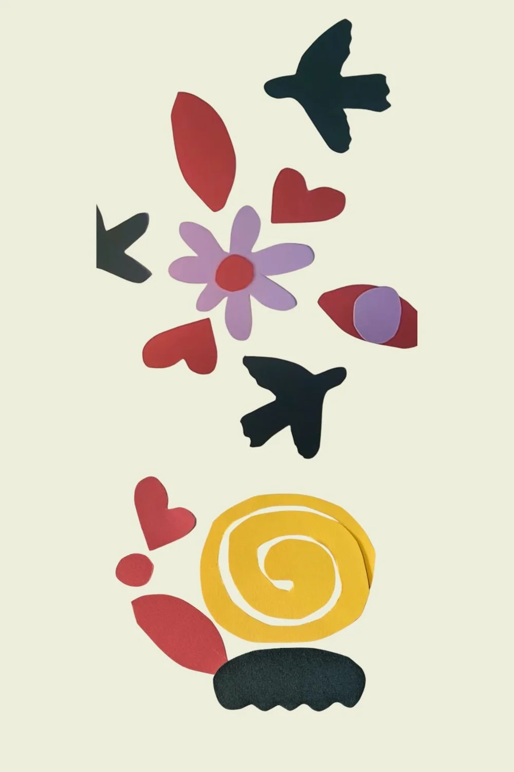 Organic paper shapes arranged on cream coloured paper to make flowers and doves and a snail in the style of Matisse.