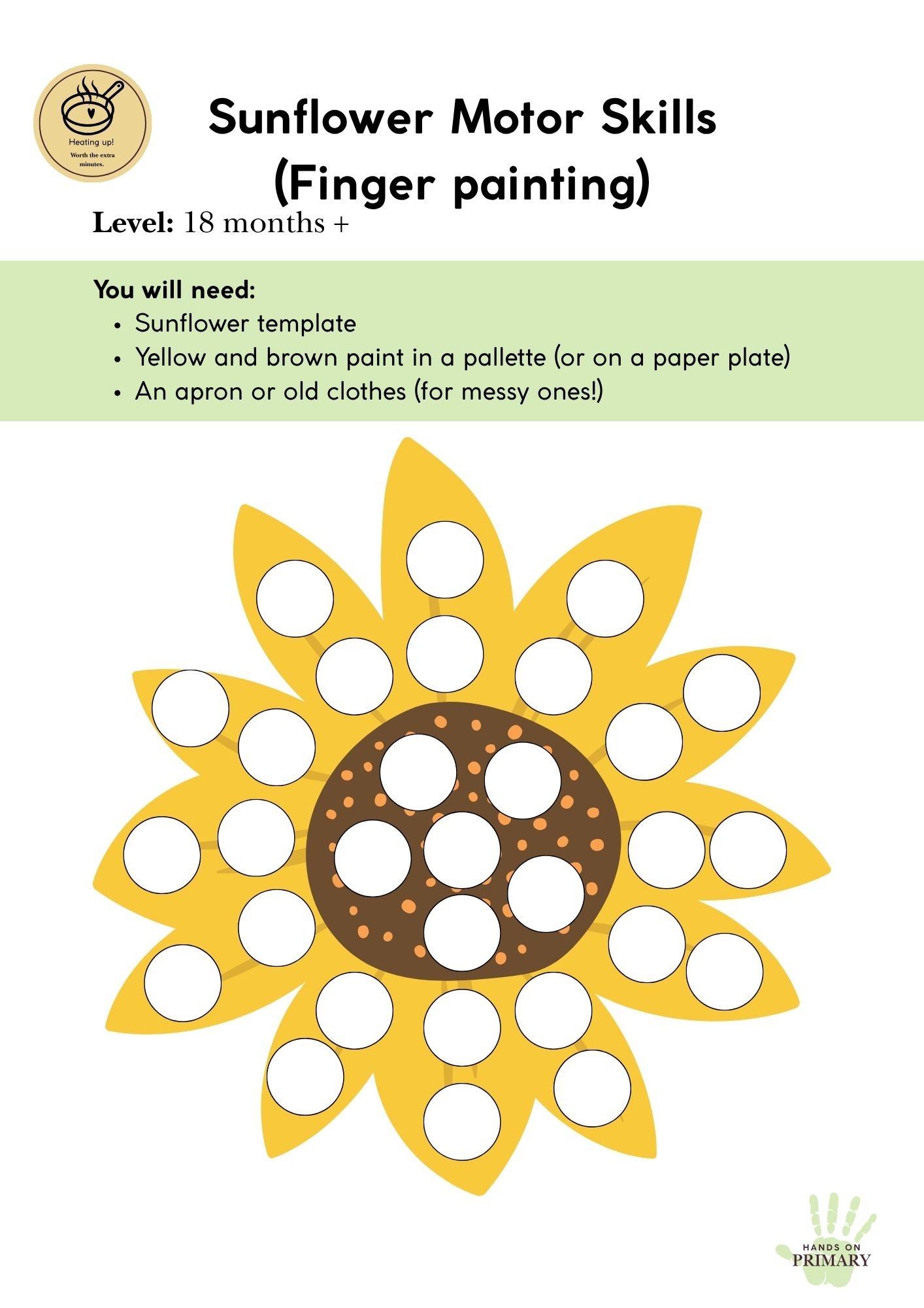 A product page featuring a sunflower template for a motor skill activity where children finger-paint.