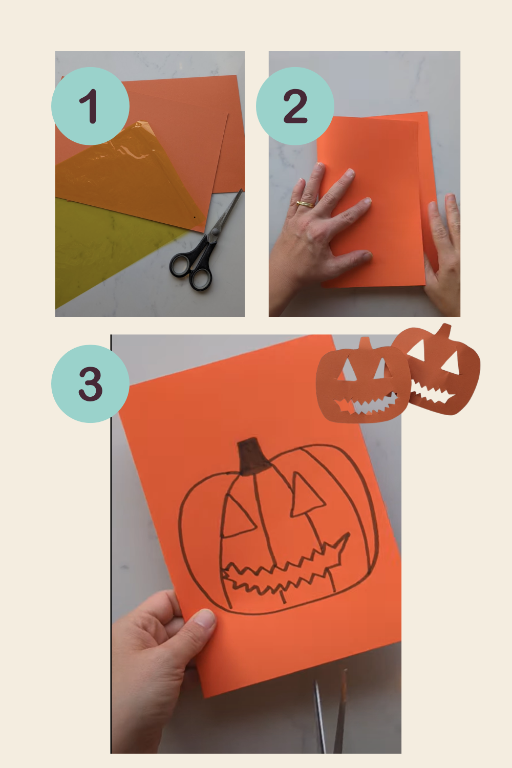 Steps 1–3: Orange paper, coloured cellophane and scissors, followed by hands folding the paper and a drawn pumpkin face ready to cut out.