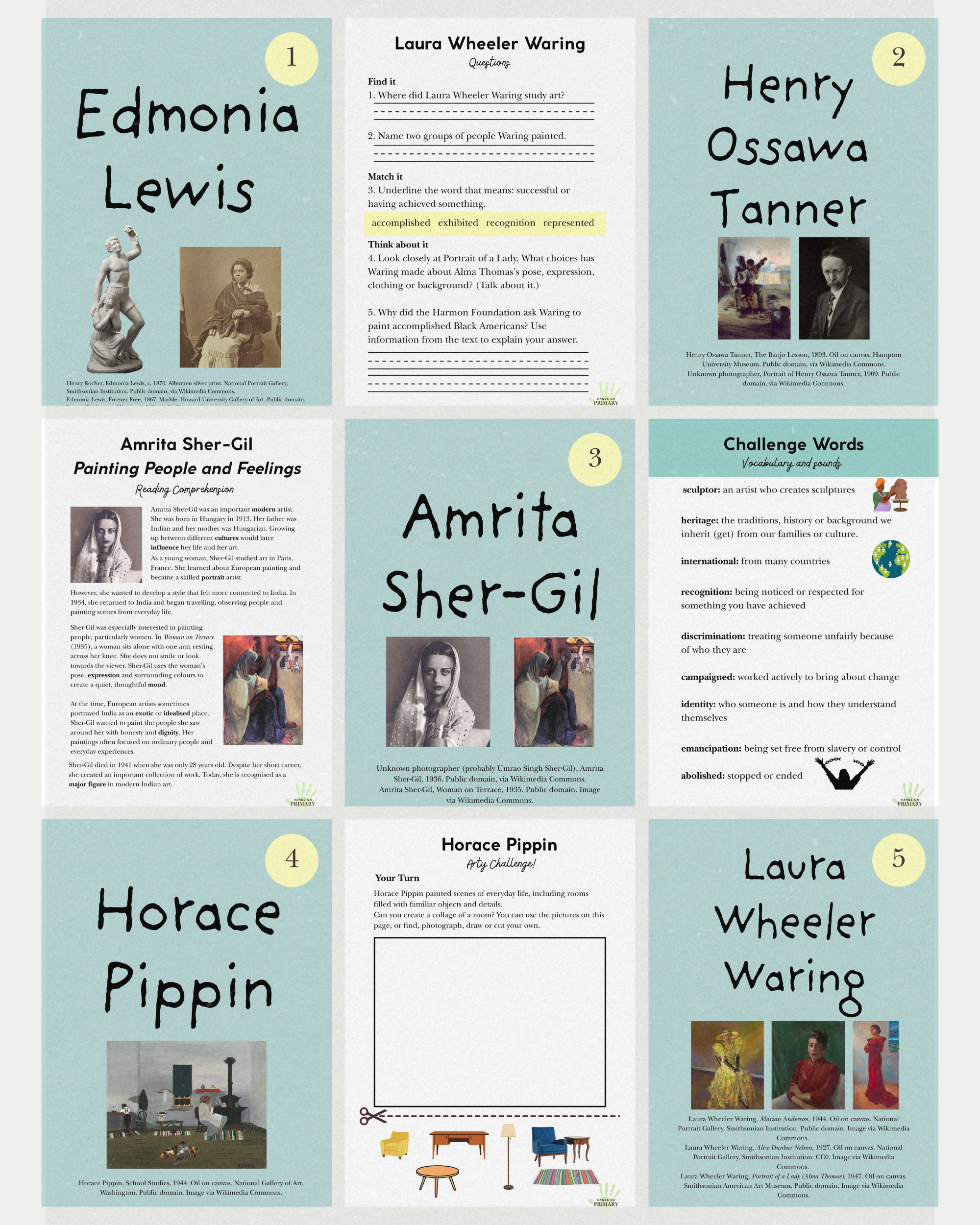 Example Pages about the artists Edmonia Lewis, Henry Ossawa Tanner, Amrita Sher-Gil, Horace Pippin and Laura Wheeler Waring.