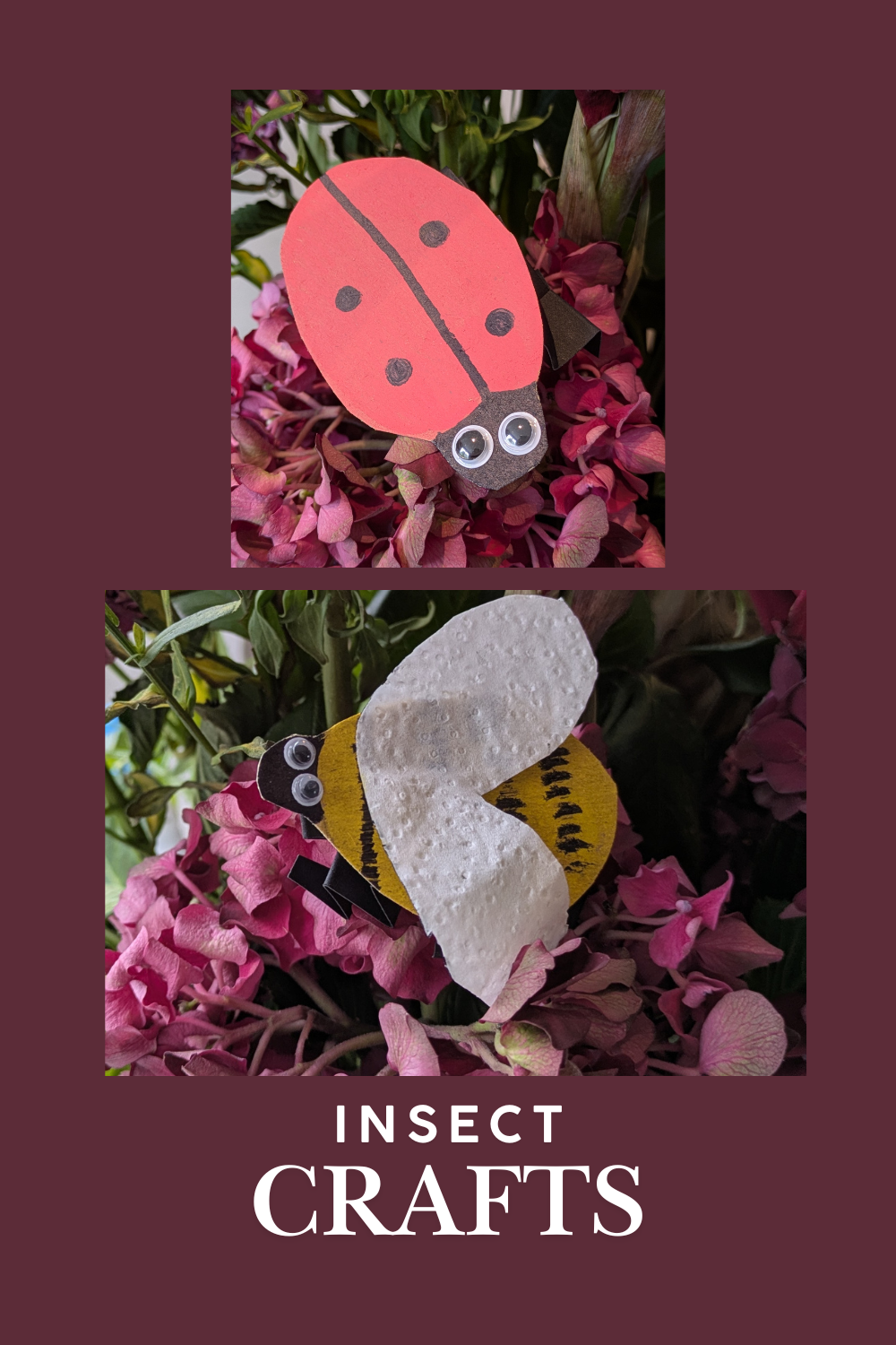 Ladybird and bee insect crafts for children made from simple craft materials and displayed among flowers.