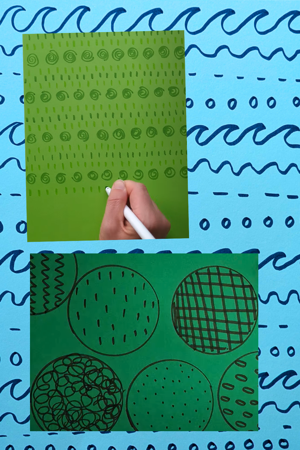 A hand draws rows of green dashes and spirals; below, green paper circles contain zigzags, dots, loops and crosshatched lines.