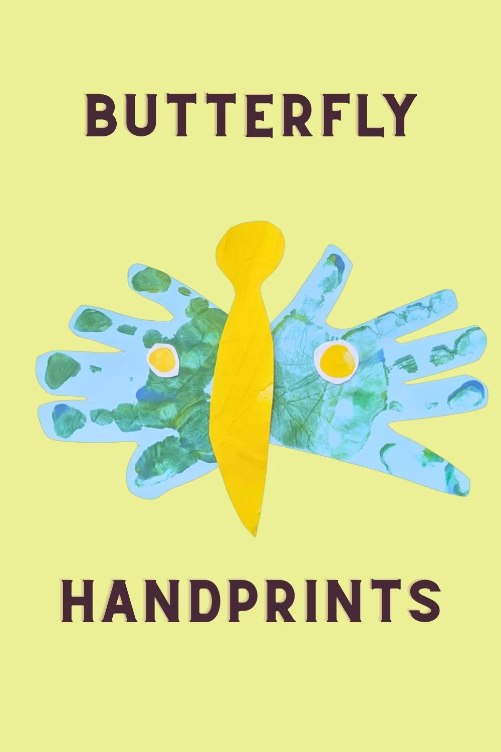 Two childs handprints used to create butterfly wings on a bright background.