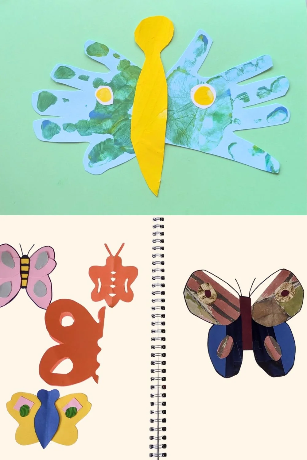 At the top of the page there is a butterfly made from two handprints made by a child. A series of butterflies made from cutting, assembling and collaging paper in a sketchbook.