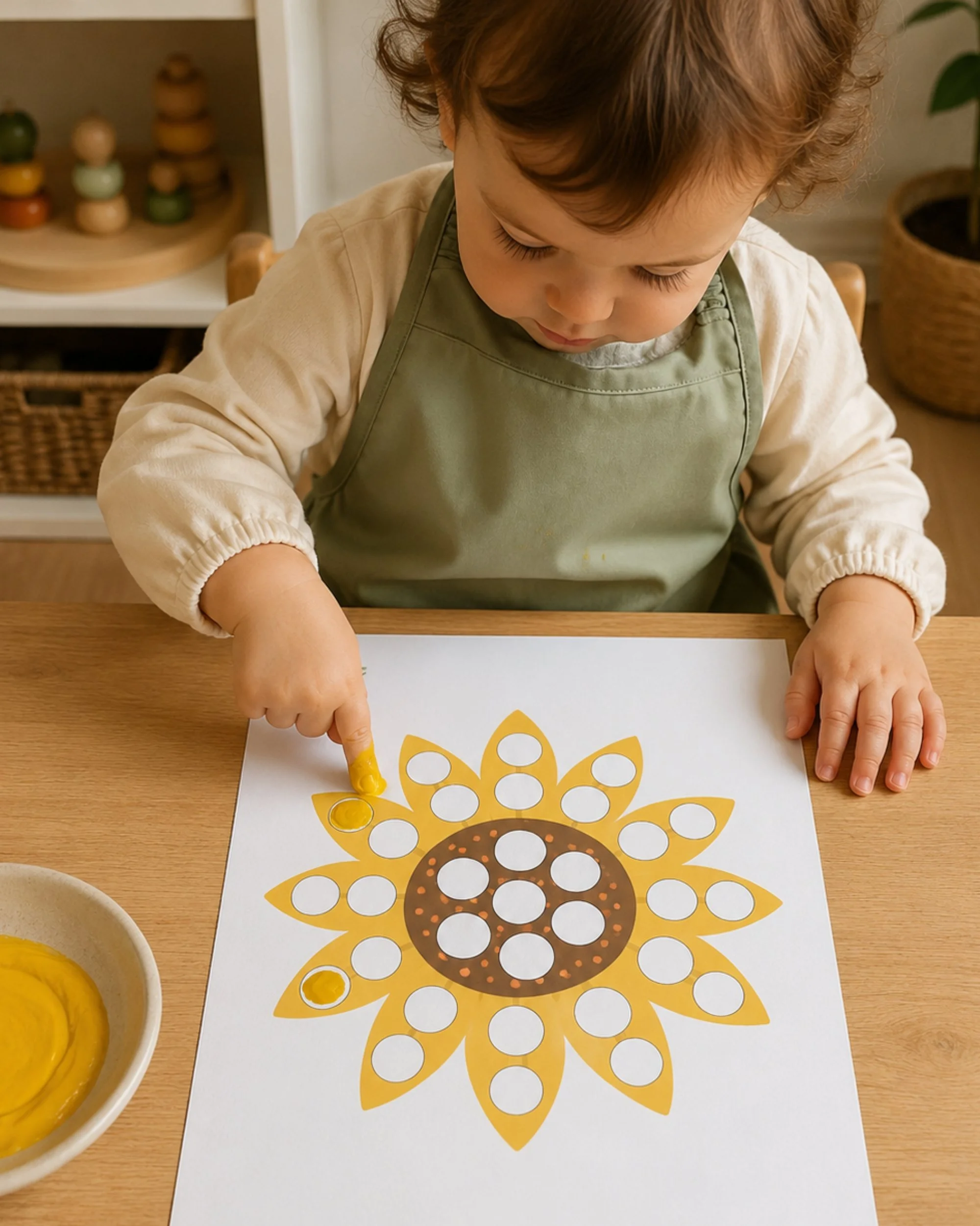 A toddler ina  green and cream apron is using a Hands On Primary Sunflower template to do some finger painting.