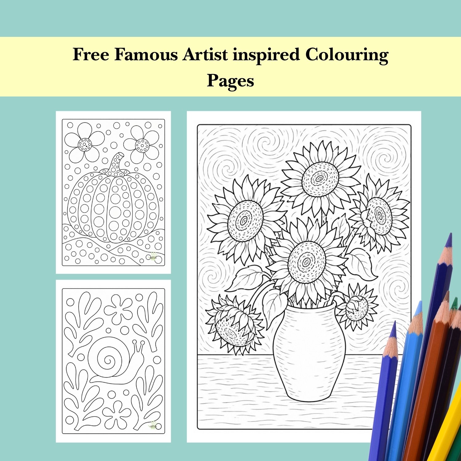 Three Colouring Sheets based on the artists Vincent van Gogh,  Yayoi Kusama and Henri Matisse. These show a snail. a vase of sunflowers and a polka-dotted pumpkin.