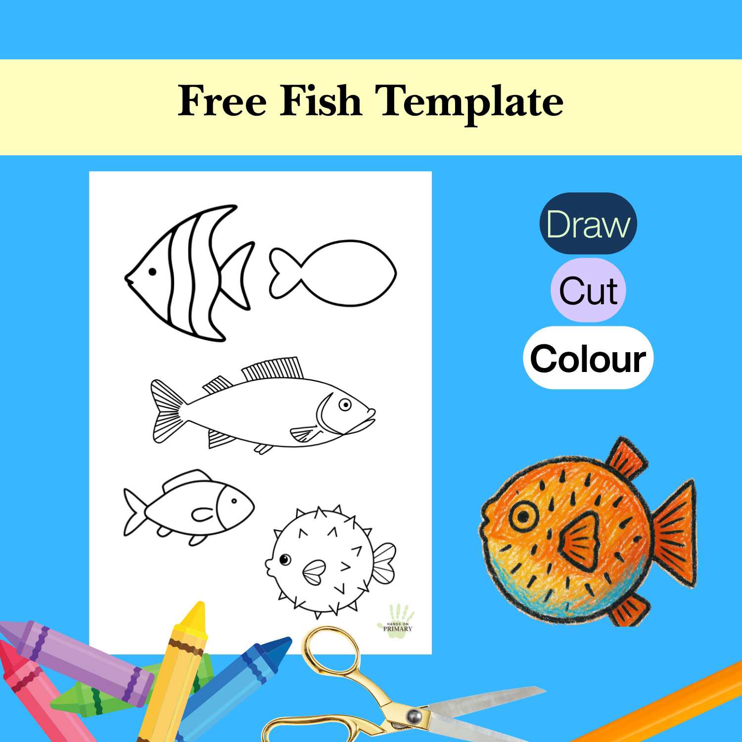 A free template with 5 different fish shapes to inspire children's drawing or to be cut or coloured.