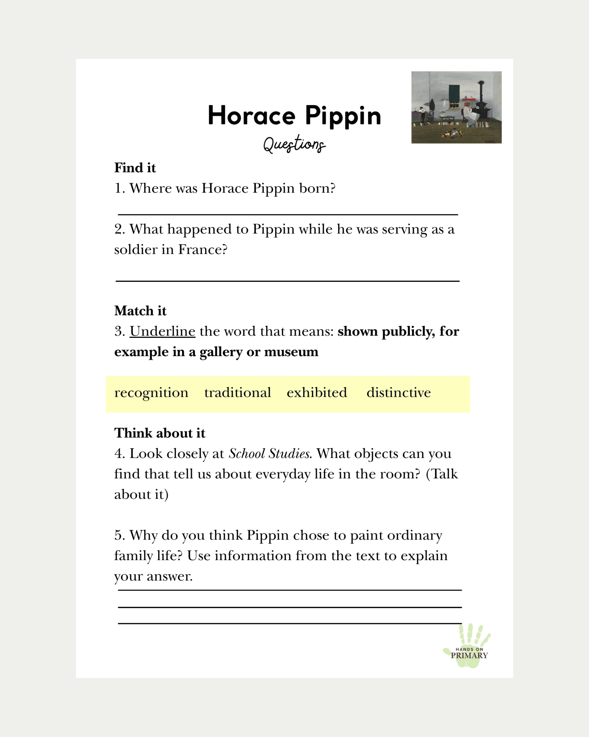 Example Reading Comprehension Questions about the artist Horace Pippin for children