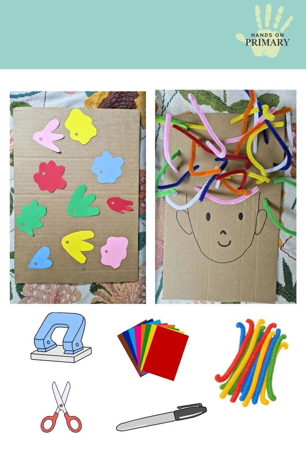 Cut out paper flowers, a pipe cleaners pushed through the holes created in step 2.