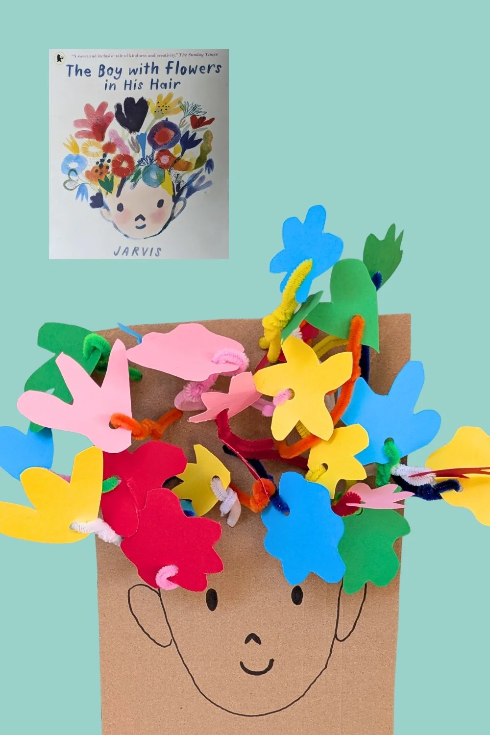 Paper craft activitiy with cardboard and cut out paper flowers alongside The Boy With Flowers in His Hair Book by Jarvis