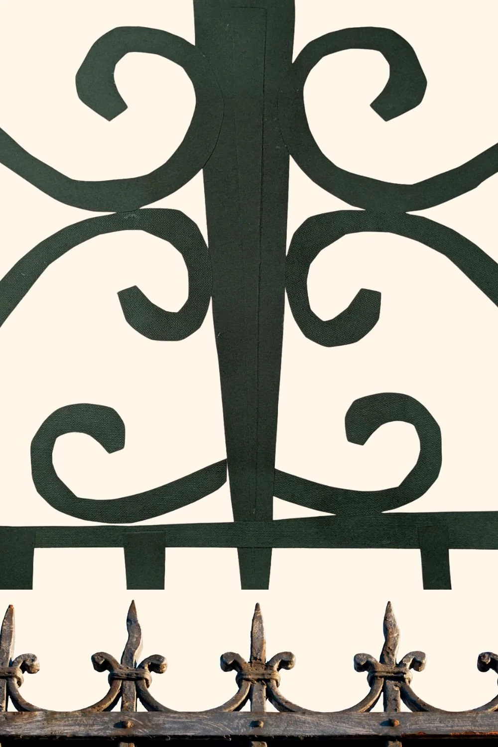 A paper-cut collage of an iron fence, with swirls and bars made from dark green paper on a cream background.