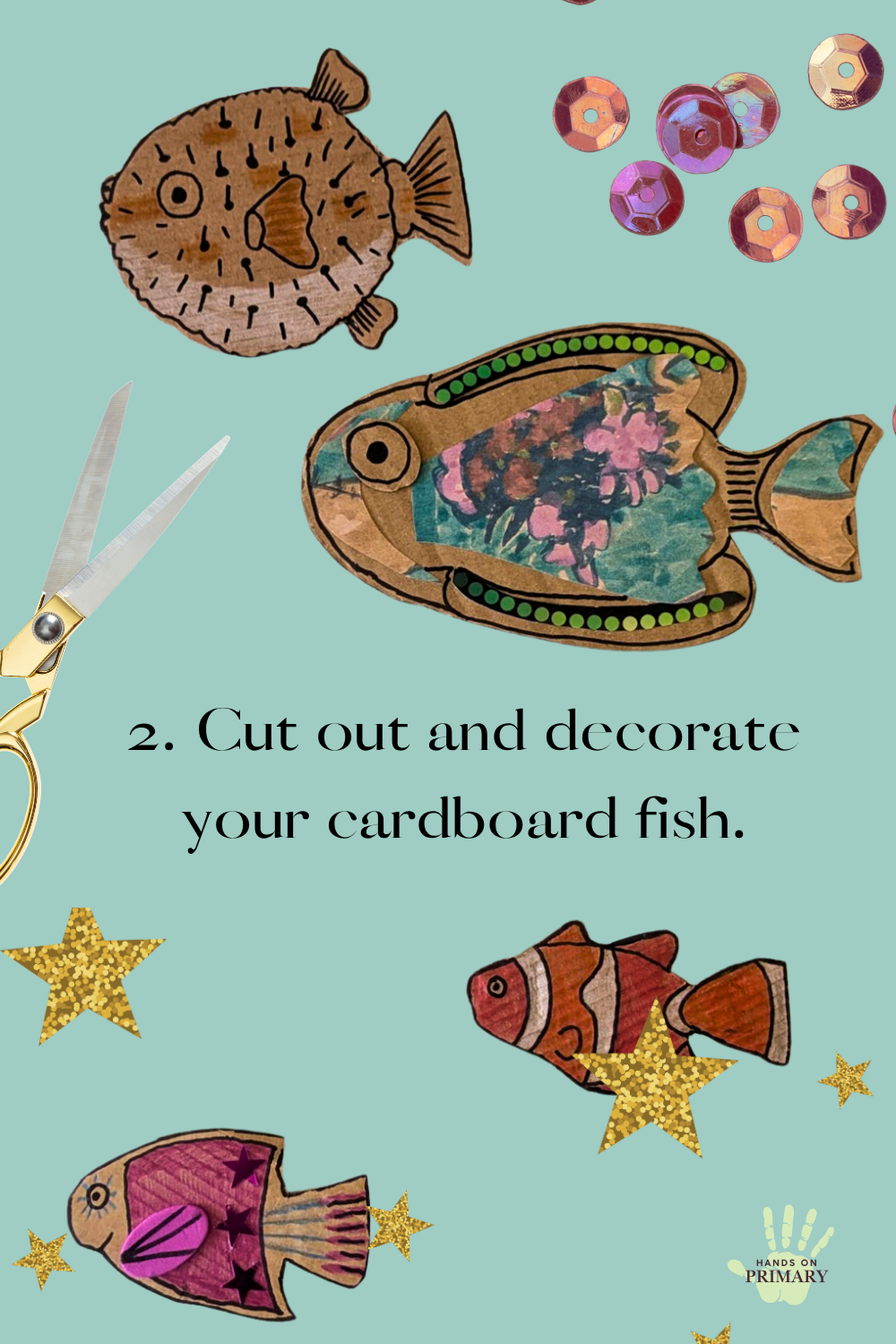 Step two of a cardboard fish craft: cutting out and decorating recycled cardboard fish.