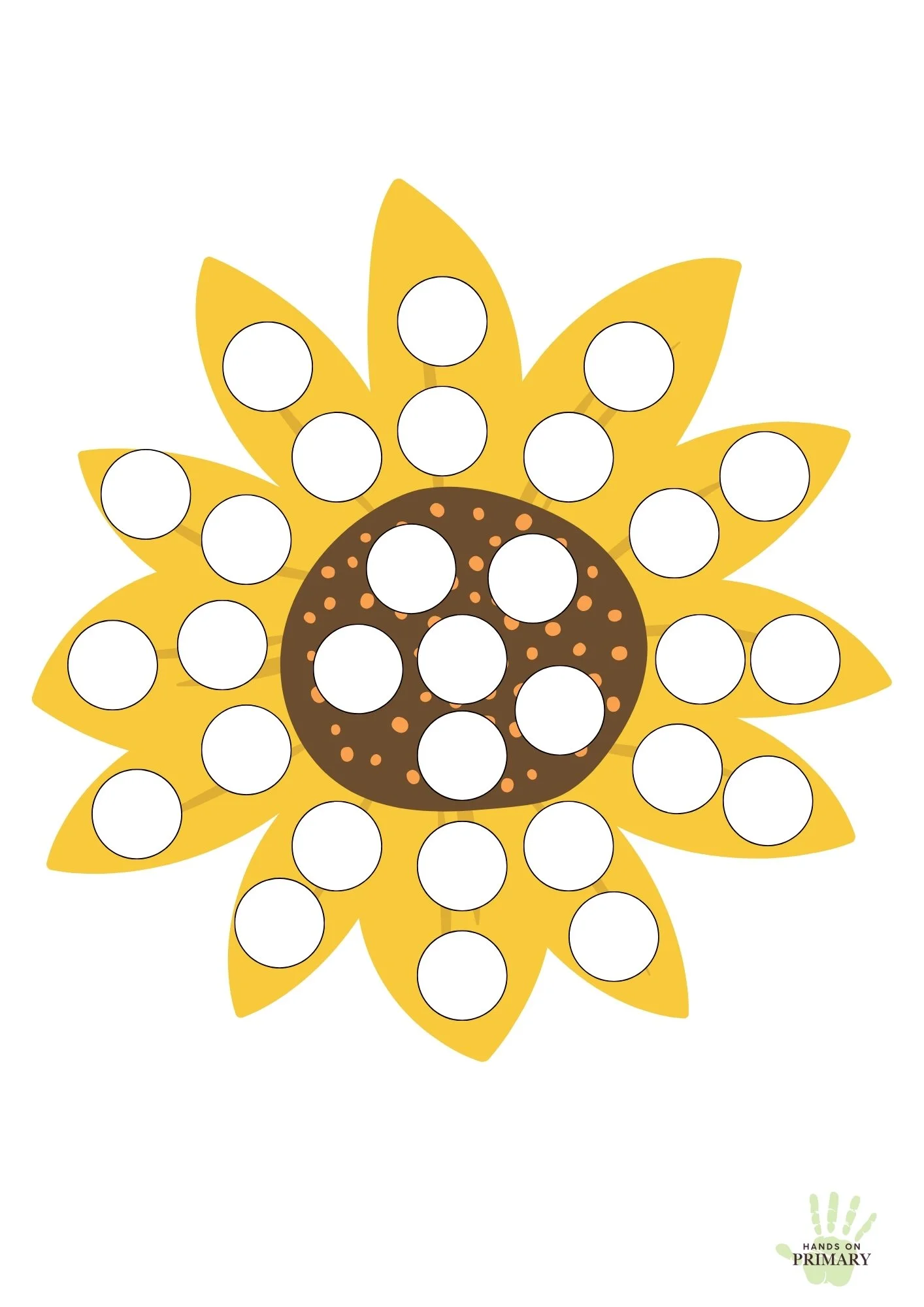 A template of a sunflower with white circles on, created for a finger painting activity.