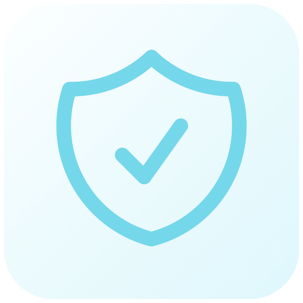 A light blue shield icon with a checkmark in the center, symbolizing security or protection.