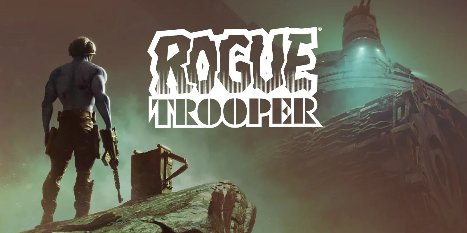 A soldier in camouflage and helmet holding a rifle, standing on a rocky surface with a large tank in the background, and the title 'Rogue Trooper' displayed prominently.