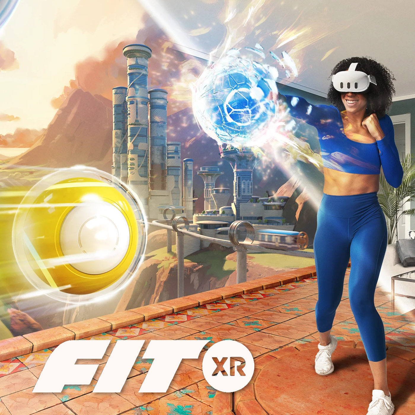 A woman wearing a virtual reality headset and blue athletic wear stands in a room with a colorful, futuristic backdrop of a cityscape and mountains, engaging with a virtual game or simulation involving glowing orbs and a yellow sphere.