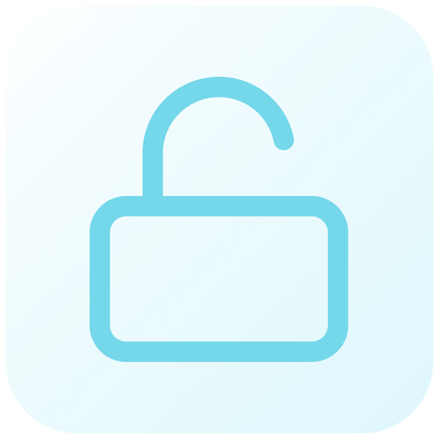 The image shows a padlock icon with an open shackle, indicating an unlocked lock, on a light blue gradient background.
