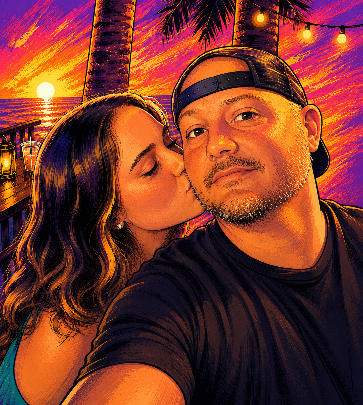 An illustrated photo of a man and woman at sunset on a tropical beach, with the woman giving the man a kiss on the cheek. The background features a sunset over the ocean, palm trees, and string lights.