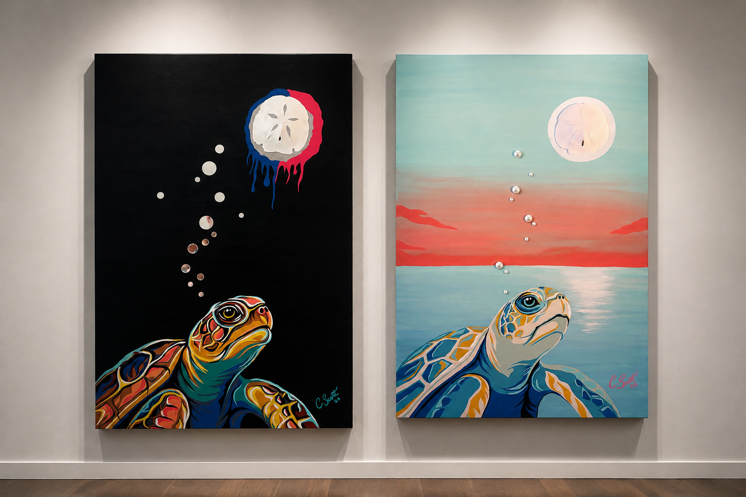 Two colorful turtle paintings hang side by side on a gallery wall. The left painting features a turtle underwater at night with a cloudy moon above, with bubbles rising to the surface. The right painting depicts a turtle on the ocean surface at sunset under a full moon, with bubbles floating upward.