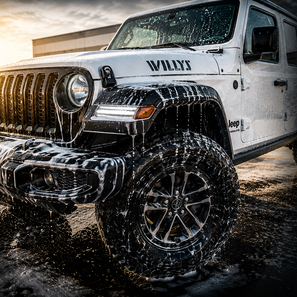 A white Jeep Wrangler with a black front fender, washing with soap and water, the sun setting in the background.