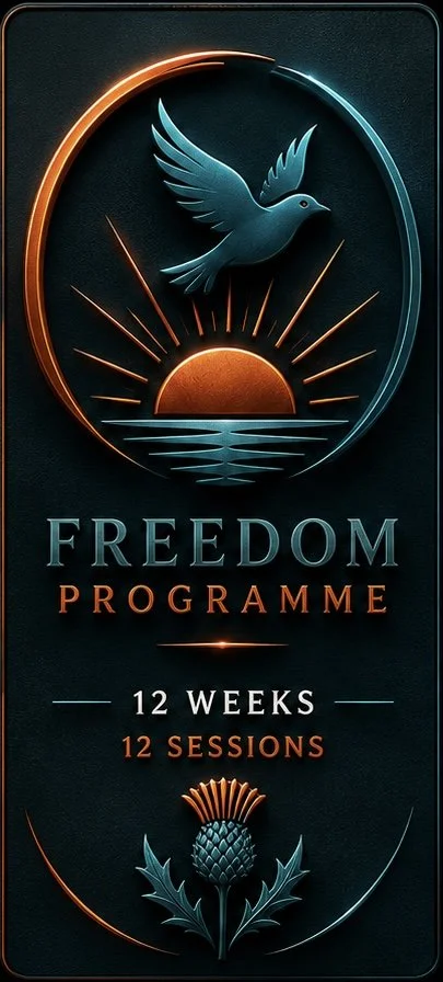 A graphic promoting the Freedom Programme, featuring a dove flying over a sunset with radiating light, and a pinecone plant at the bottom, with text about a 12-week, 12-session program.