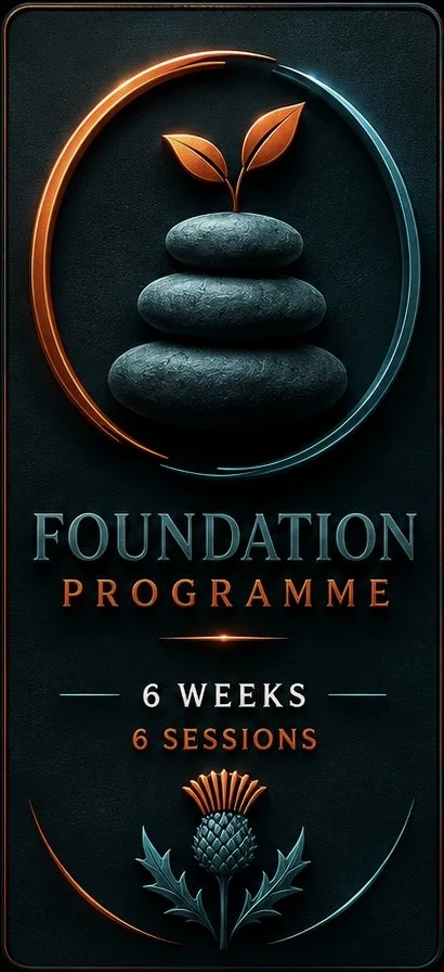 Design with stacked black stones and a sprouting plant on top, surrounded by a glowing circular border, promoting a 6-week foundation program with 6 sessions, featuring floral and natural elements.