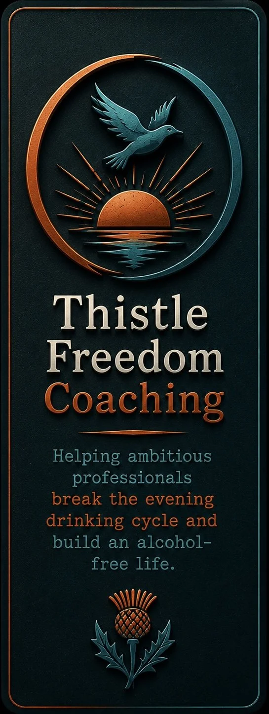 Logo for Thistle Freedom Coaching featuring a stylized sun setting over water, with a bird flying above, and a thistle flower at the bottom, with text promoting alcohol-free lifestyle coaching.