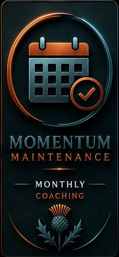 Design for 'Momentum Maintenance' with a calendar icon and a checkmark, promoting monthly coaching services with a stylized plant at the bottom.