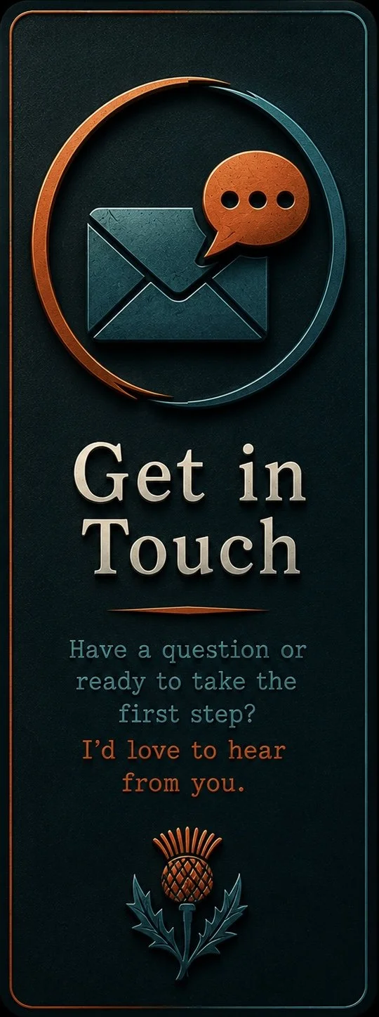 A dark teal vertical banner with a large envelope icon and a speech bubble icon above it. The banner reads "Get in Touch" in bold letters, with smaller text that says "Have a question or ready to take the first step? I’d love to hear from you." There is a stylized thistle at the bottom of the banner.
