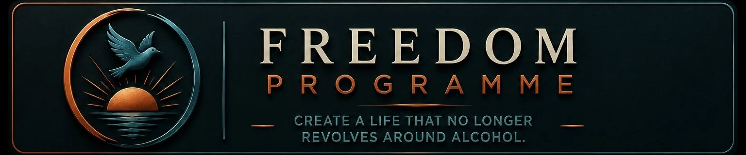 Logo for the Freedom Programme featuring a pigeon, sunset over water, and the motto 'Create a life that no longer revolves around alcohol.'