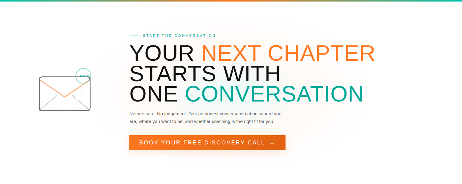 Website landing page headline about starting a conversation and coaching, with a graphic of an envelope and a call-to-action button labeled 'Book your free discovery call' in orange.