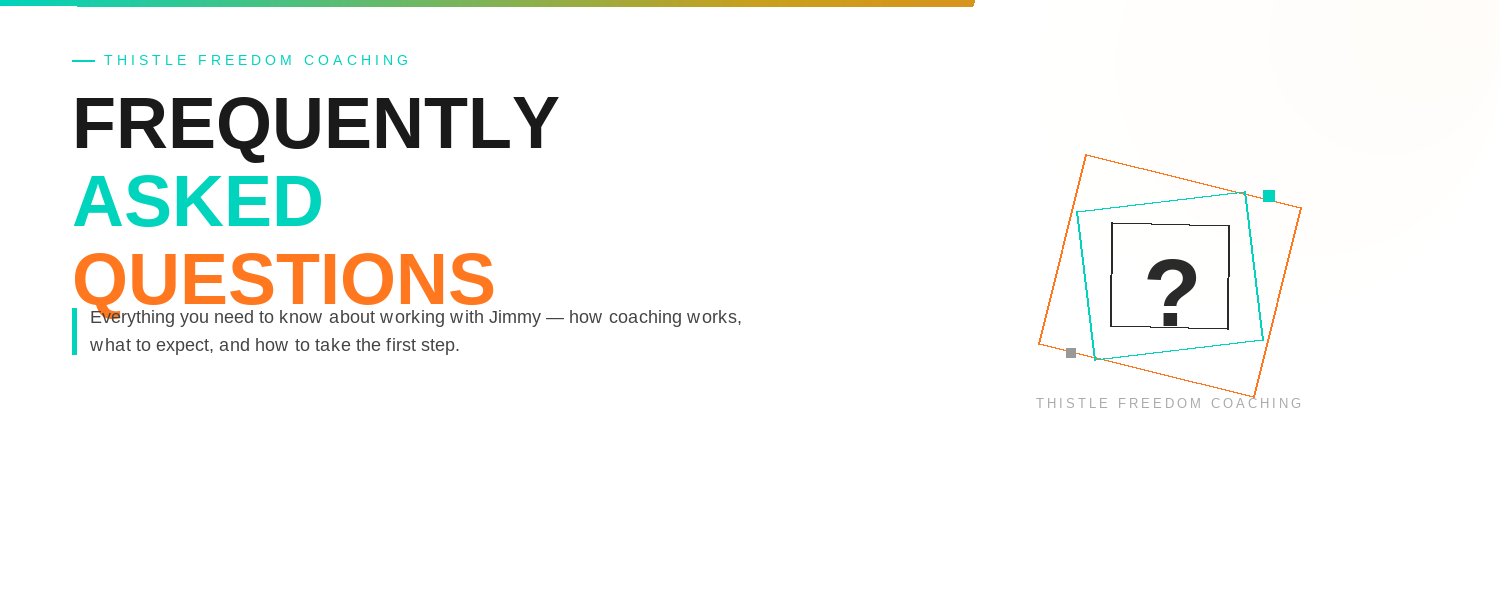Slide titled 'Frequently Asked Questions' with colored text and geometric design. Subheading: 'Everything you need to know about working with Jimmy — how coaching works, what to expect, and how to take the first step.'